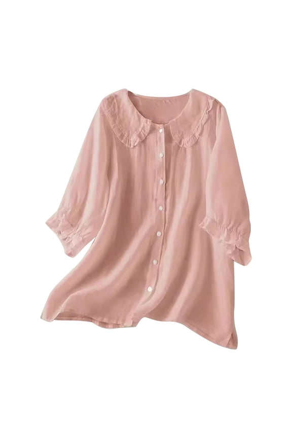 Button Down Shirts for Women 3/4 Sleeve Babydoll Collar Cotton Tops Thin Comfy T-Shirts Loose Clothes for Summer Beach