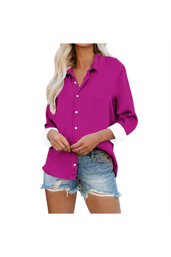 Button down Shirt for Women Fashion Solid Top with Pockets Casual Long Sleeves Collared V Neck Blouses