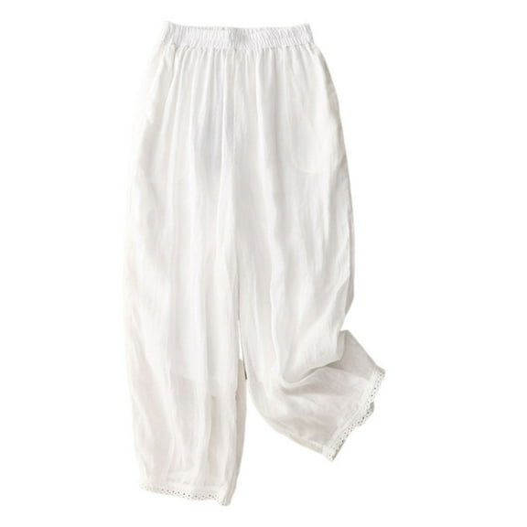 ABATAB Capri Palazzo Pants for Women Dressy Casual Wide Leg Pull on Capris Cotton Linen Loose Fit Slacks Crop Trousers with Pockets
