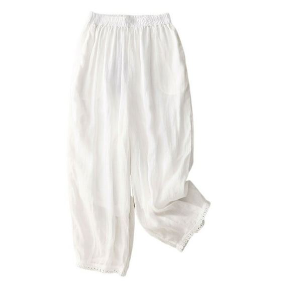 ABATAB Capri Palazzo Pants for Women Dressy Casual Wide Leg Pull on Capris Cotton Linen Loose Fit Slacks Crop Trousers with Pockets