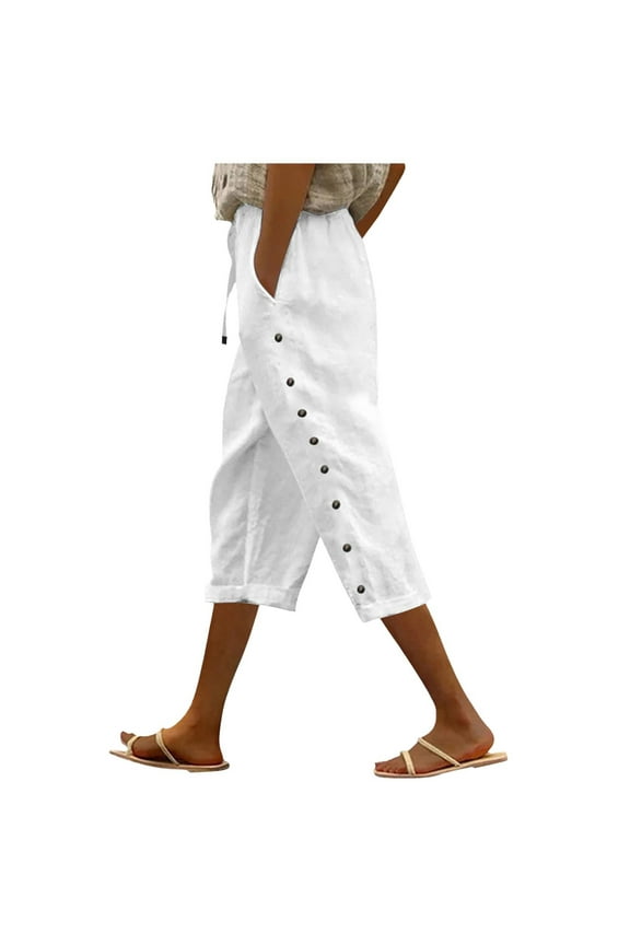 Capri Pants for Women Button down Cotton Linen Lightweight Crop Pants Wide Leg Casual Drawstring Crop Trouser with Pockets