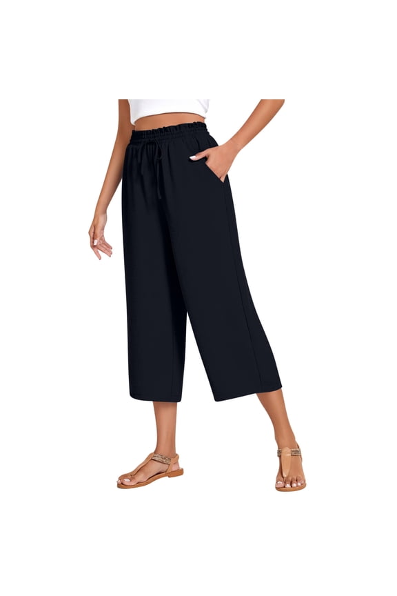 Capri Pants for Women Casual Summer Palazzo Capris Wide Leg Flowy Beach Vacation Crop Pants with Pockets