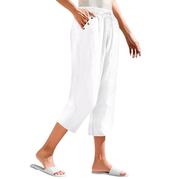 ABATAB Capri Pants for Women Casual Cotton Linen Button Capri Pants Loose Fit Drawstring Lounge Beach Cropped Trousers