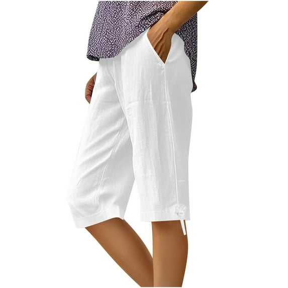 ABATAB Capri Pants for Women Casual Cotton Linen Lightweight Crop Pants Elastic Waist Fashion Beach Capri Trousers with Pockets