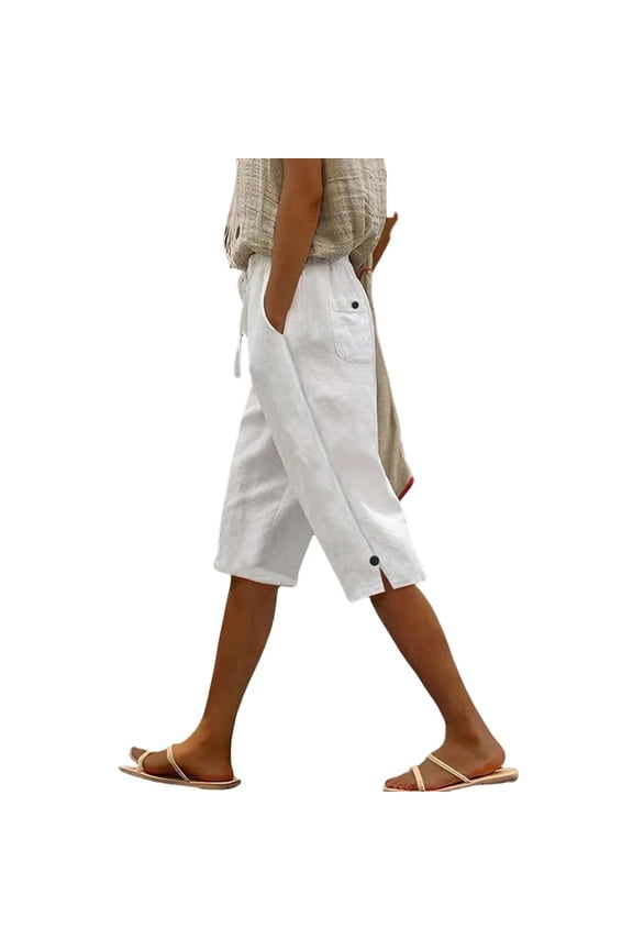 Capri Pants for Women Casual Summer Cotton Linen Capris Drawstring Wide Leg Side Splits Cropped Trouser
