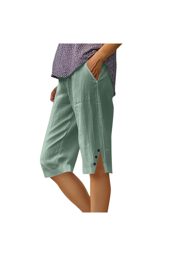 Capri Pants for Women Cotton Linen Casual Summer Capris Lightweight Side Split Beach Crop Pants with Pockets