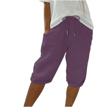ABATAB Capri Pants for Women Cotton Linen Cropped Pants Knee Length Elastic Waist Drawstring Capris with Pockets