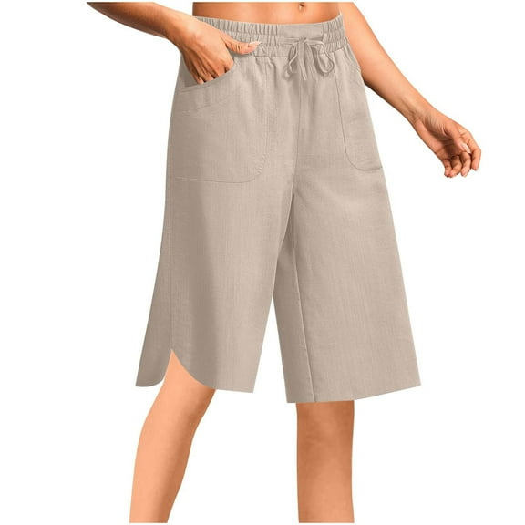 ABATAB Capri Pants for Women Loose Elastic Waist Drawstring Knee Length Cotton Linen Summer Beach Pocketed Side Splits Shorts