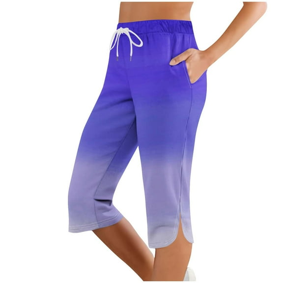 ABATAB Capri Pants for Women Loose Gradient Casual Yoga Capris Drawstring Side Splits Workout Gym Crop Pants with Pockets
