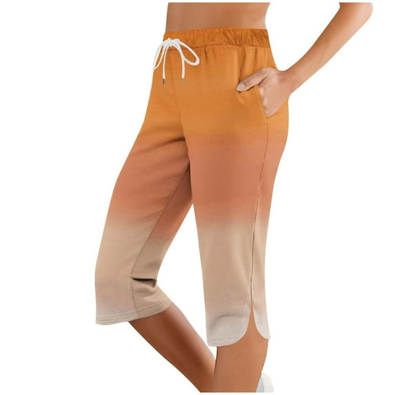 ABATAB Capri Pants for Women Loose Gradient Casual Yoga Capris Drawstring Side Splits Workout Gym Crop Pants with Pockets