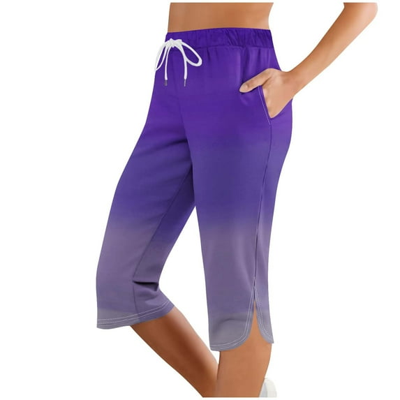 ABATAB Capri Pants for Women Loose Gradient Casual Yoga Capris Drawstring Side Splits Workout Gym Crop Pants with Pockets