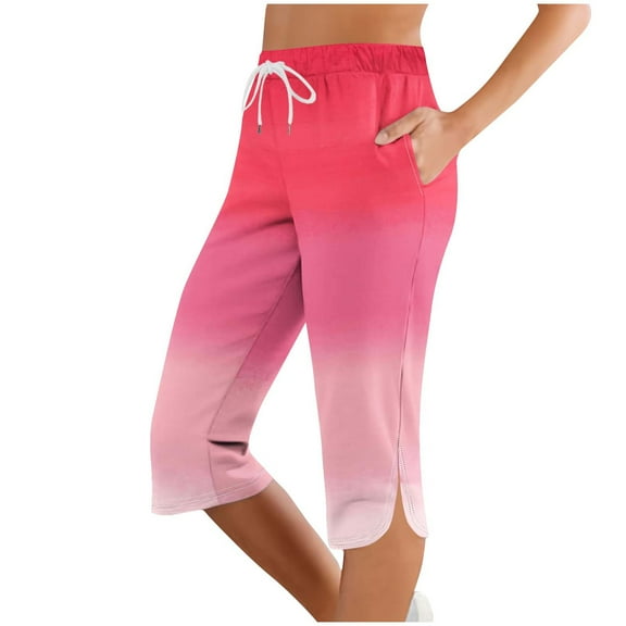 ABATAB Capri Pants for Women Loose Gradient Casual Yoga Capris Drawstring Side Splits Workout Gym Crop Pants with Pockets