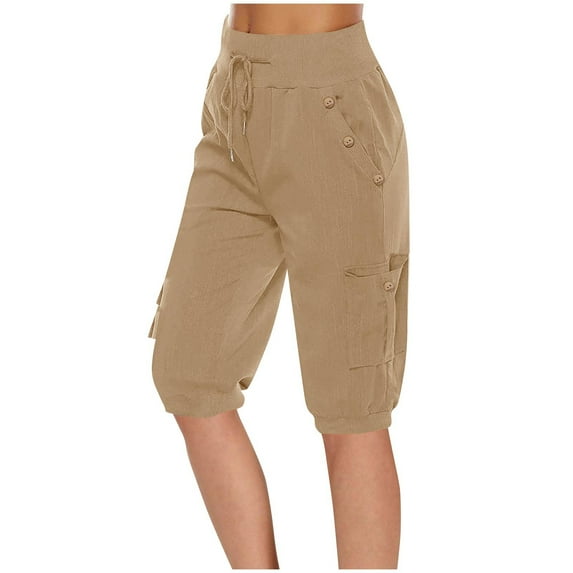 ABATAB Capri Pants for Women Loose High Waisted Button Crop Pants Drswstring Cinch Capri Trousers for Casual Summer with Pockets