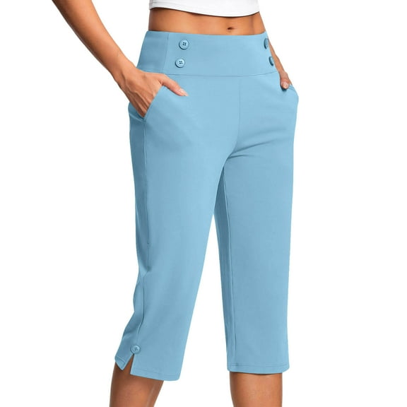 ABATAB Capri Pants for Women Mid Waisted Pull on Dress Crop Pants Straight Leg Yoga Stretch Work Capri Trousers with Pockets
