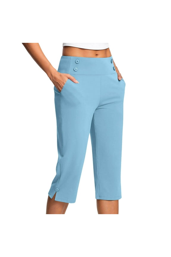 Capri Pants for Women Mid Waisted Pull on Dress Crop Pants Straight Leg Yoga Stretch Work Capri Trousers with Pockets