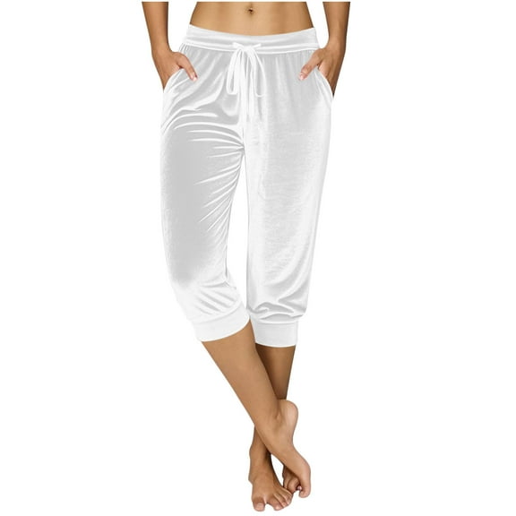 ABATAB Capri Pants for Women Velvet Drawstring Elastic Waist Summer Casual Vintage Cinch Bottom Cropped Pants with Pockets
