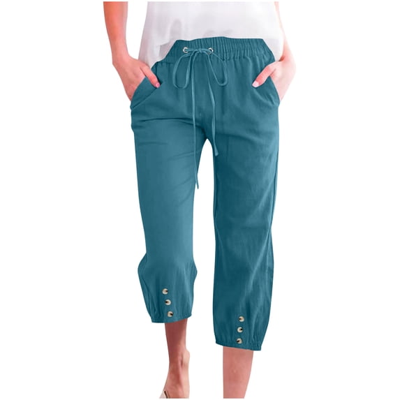 ABATAB Capri Pants for Womens Button down Wide Leg Capris Baggy Drawstring Casual Cotton Linen Summer Crop Pants with Pockets