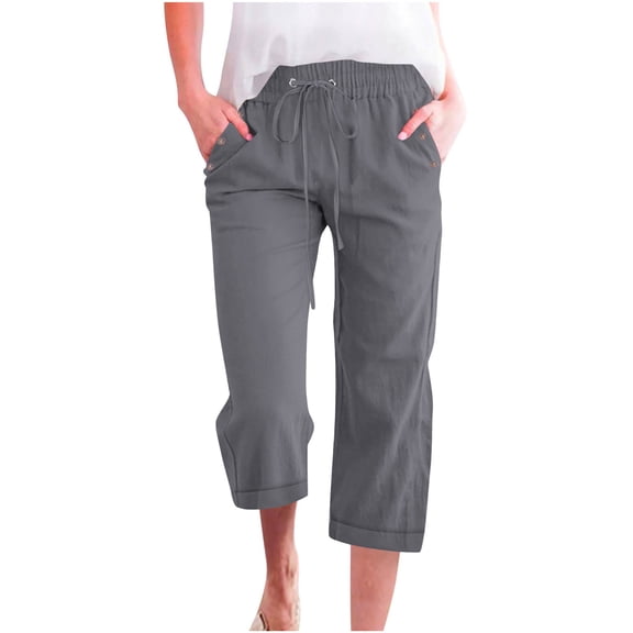ABATAB Capri Pants for Womens Wide Leg Casual Loose Capri Cotton Linen Summer Button Roll up Hem Crop Pants with Pockets