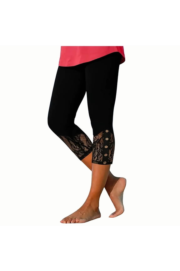 Capris Leggings for Women Summer Dressy Yoga Cropped Pants Stretchy Lace Trim Workout Beach Crop Trousers