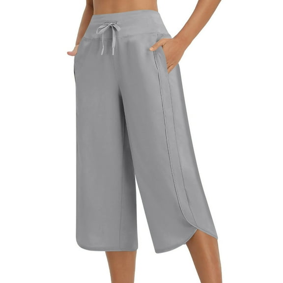 ABATAB Capris for Women Casual Summer Wide Leg Crop Pants Loose Comfy Drawstring Yoga Jogger Capri Trousers with Pockets