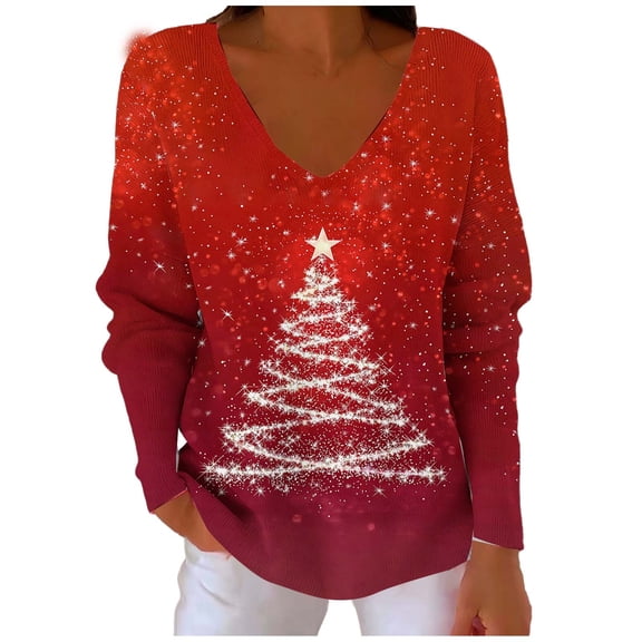 ABATAB Christmas Ribbed Knit Pullover for Women V Neck Long Sleeve Cute Graphic Print Sweater Lightweight Casual Tops Clothes