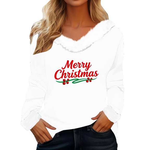 ABATAB Christmas V Neck Pullover for Women Christmas Cute Graphic Print Long Sleeve Fashion Vacation Party Tops Outfits