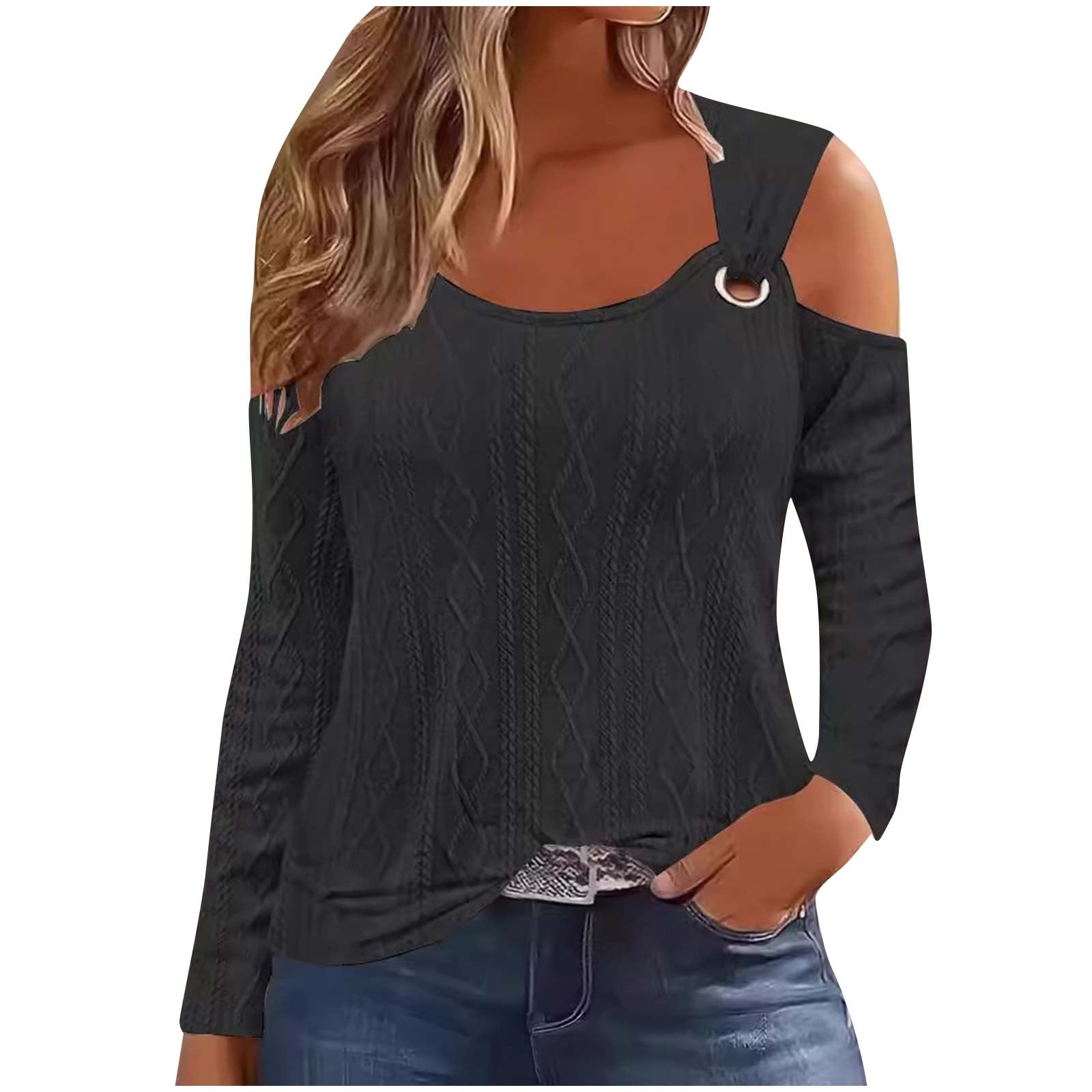 Cold Should Tops for Women Fall Tunic Blouses Sexy Long Sleeve Scoop Neck Textured T Shirts