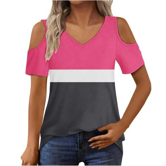 ABATAB Cold Shoulder Tops for Women Short Sleeve V Neck Going out Tees Color Block Trendy Club Summer T Shirts