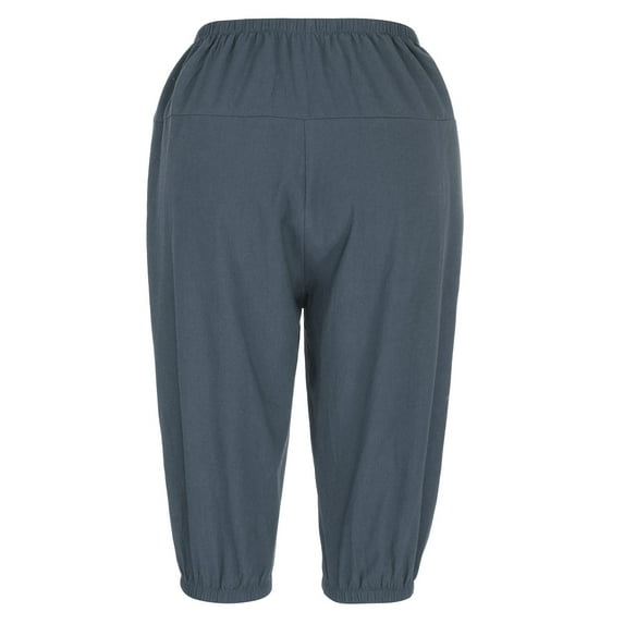 ABATAB Cotton Linen Capri Pants for Women Lightweight High Waist Casual Cropped Pants with Pockets Soft Beach Vacation Capris(Large,Navy)