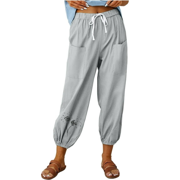 ABATAB Cotton Linen Capri Pants for Women Summer Casual Capris Waist Elastic Comfy Loose Cinch Trousers with Pockets