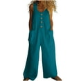 thumbnail image 1 of ABATAB Cotton Linen Jumpsuits for Women Casual Lightweight Summer Beach Vacation Tank Rompers with Pockets Sleeveless Button down Overalls(Small,Blue 1), 1 of 7