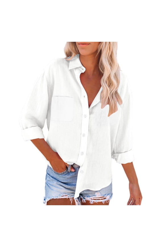 Cotton Linen Long Sleeve Shirts for Women Button down Shirts Business Casual Dressy Tops V Neck Collared Tee Blouses with Pockets(Large,White 1)