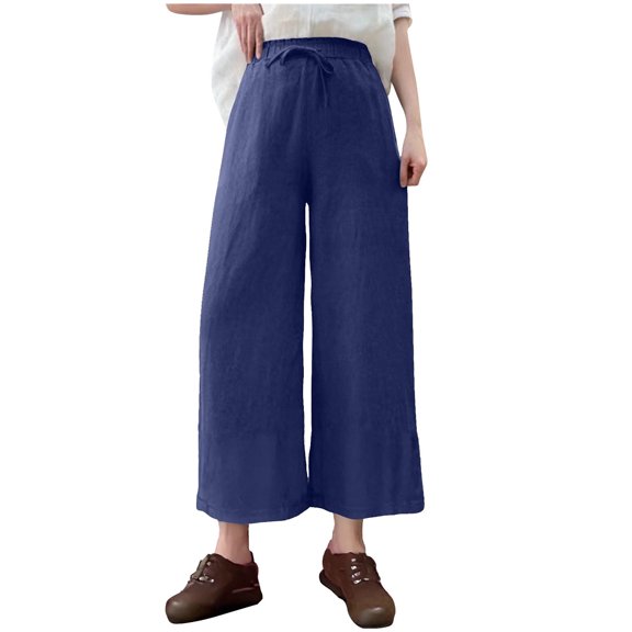 ABATAB Cotton Linen Pants for Women Wide Leg Drawstring Palazzo Trousers Beach Casual Vacation Summer Outfits with Pockets