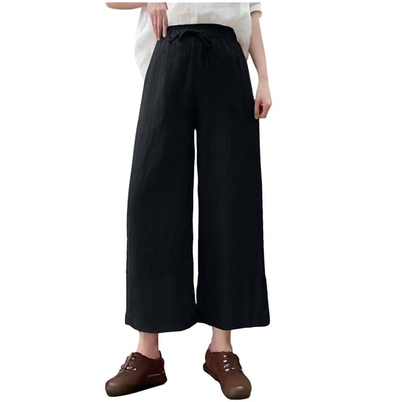 ABATAB Cotton Linen Pants for Women Wide Leg Drawstring Palazzo Trousers Beach Casual Vacation Summer Outfits with Pockets