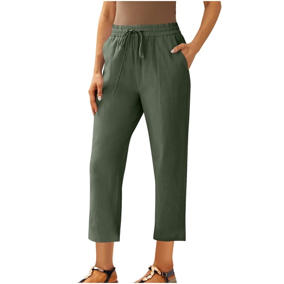ABATAB Cotton Linen Pants for Women Drawstring Waist Straight Leg Cropped Pants with Pockets Soft Comfy Trousers for Summer