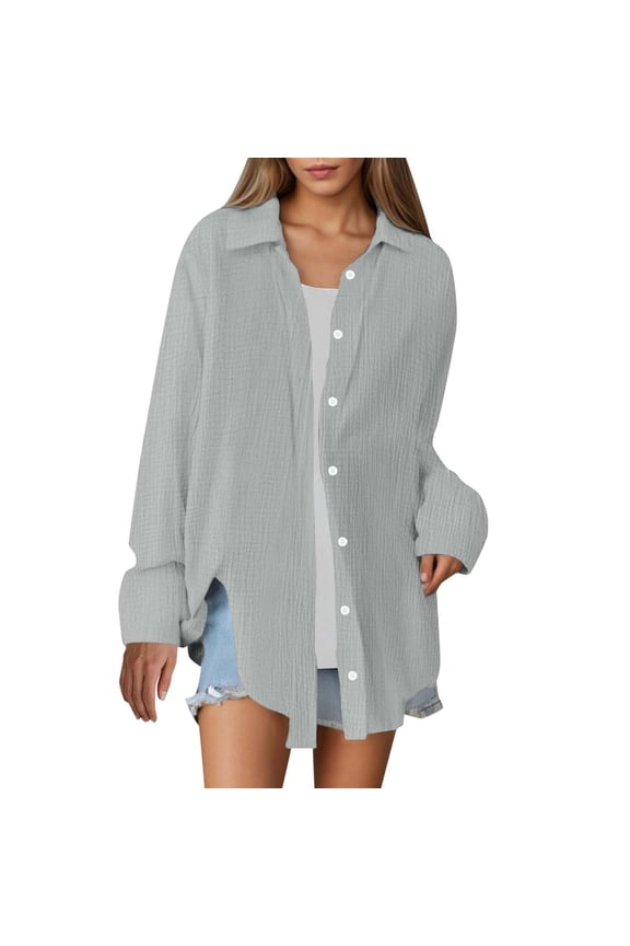 Cotton Linen Shacket Jackets for Women Soft Lightweight Long Sleeve Shirts Casual Lapel Collar Button down Classic Coats(Large,Gray)