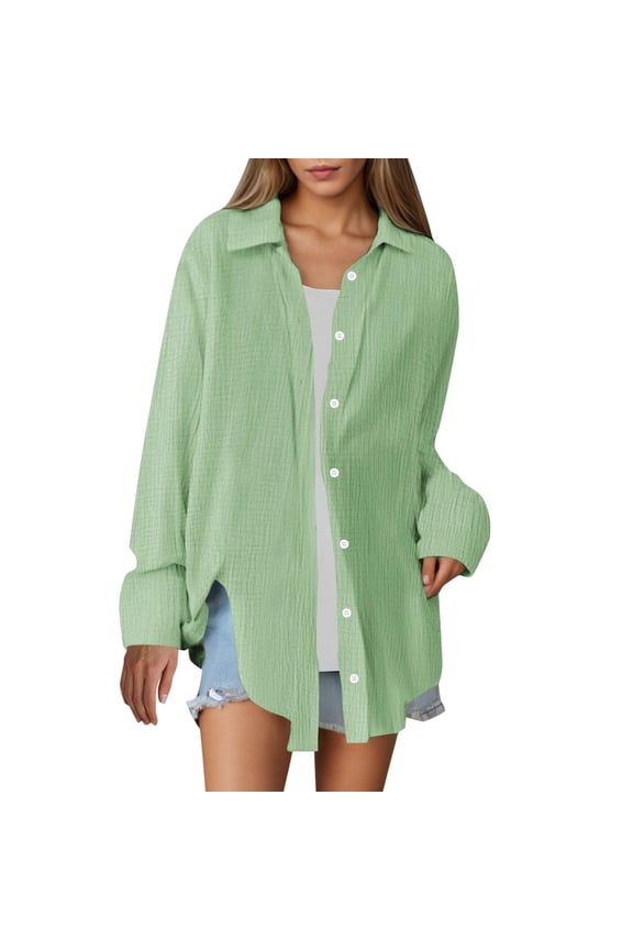 Cotton Linen Shacket Jackets for Women Soft Lightweight Long Sleeve Shirts Casual Lapel Collar Button down Classic Coats(Large,Green)