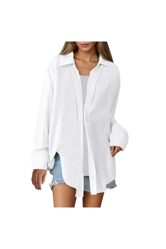 Cotton Linen Shacket Jackets for Women Soft Lightweight Long Sleeve Shirts Casual Lapel Collar Button down Classic Coats(X-Large,White)