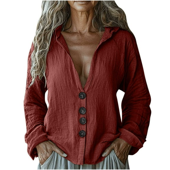 ABATAB Cotton Linen Shirts for Women Casual Button down Long Sleeve Hooded Pullover Tops Lightweight Breathable Loose Fit V Neck Hoodies(X-Large,Red 1)
