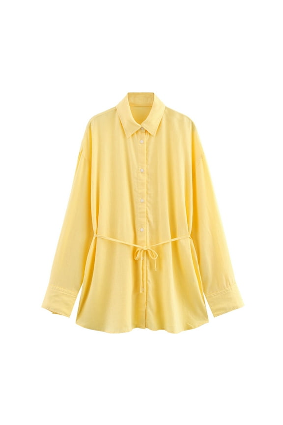 Cotton Linen Shirts for Women Casual Loose Fit Long T-Shirts with Belt Soft Button down Lapel V-Neck Work Dressy Tee Blouses(Large,Yellow)