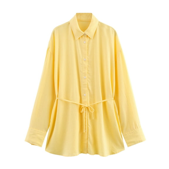ABATAB Cotton Linen Shirts for Women Casual Loose Fit Long T-Shirts with Belt Soft Button down Lapel V-Neck Work Dressy Tee Blouses(X-Small,Yellow)