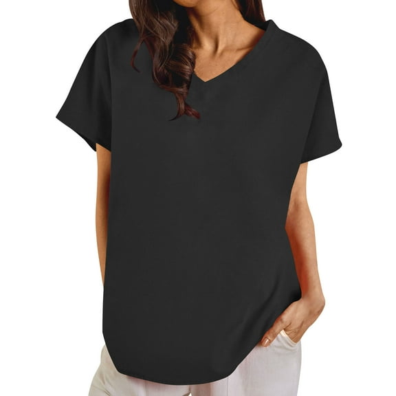 ABATAB Cotton Linen Shirts for Women V Neck Blouse Short Sleeve Tops Vacation Casual Tees Summer Clothes Outfits
