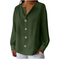 thumbnail image 1 of ABATAB Cotton Linen Shirts for Women V Neck Long Sleeve Tops Baggy Vacation Beach Plain Blouses Casual Button down Tshirts(X-Large,Army Green), 1 of 6