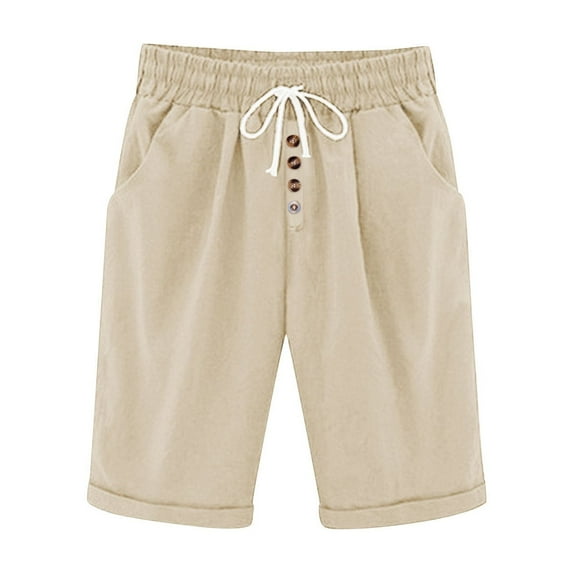 ABATAB Cotton Linen Shorts for Women Elastic Waist Casual Shorts Bermuda Button down Knee Length Wide Leg Shorts with Pockets
