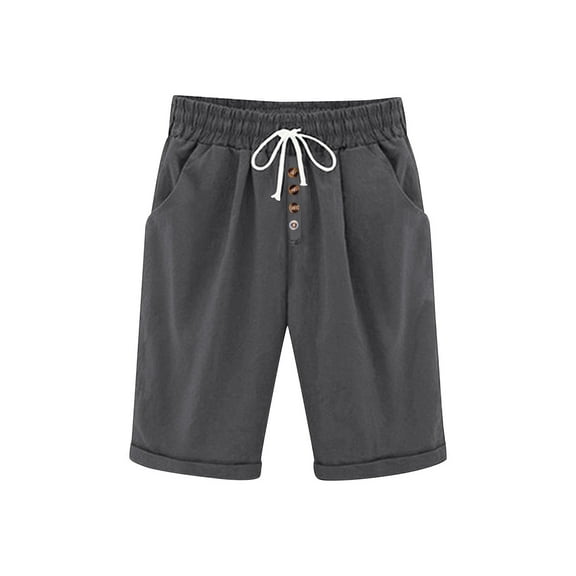 ABATAB Cotton Linen Shorts for Women Elastic Waist Casual Shorts Bermuda Button down Knee Length Wide Leg Shorts with Pockets