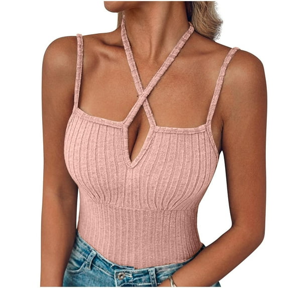 ABATAB Criss Cross Halter Neck Tops for Women Spaghetti Strap Summer Trip Going out Tops Backless Vocation Cami Tank