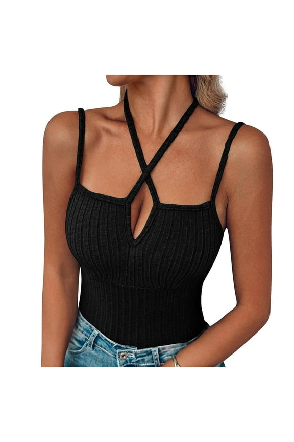Criss Cross Halter Neck Tops for Women Spaghetti Strap Summer Trip Going out Tops Backless Vocation Cami Tank
