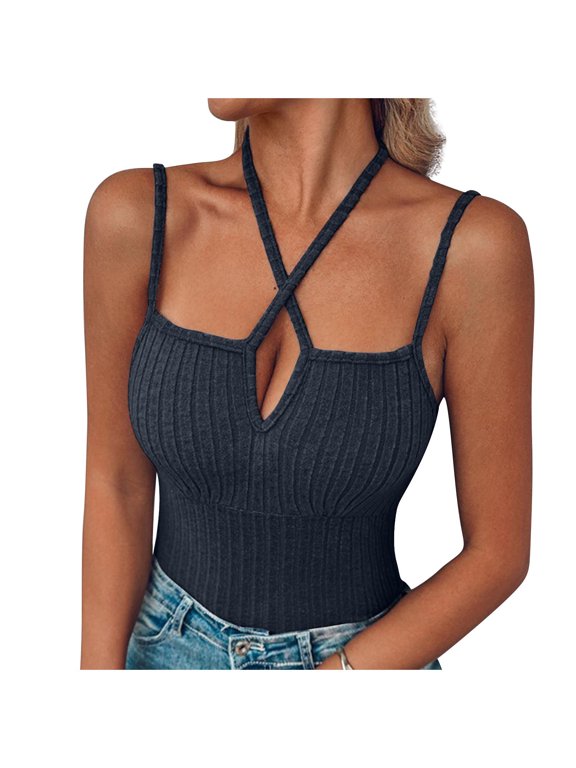 Criss Cross Halter Neck Tops for Women Spaghetti Strap Summer Trip Going out Tops Backless Vocation Cami Tank