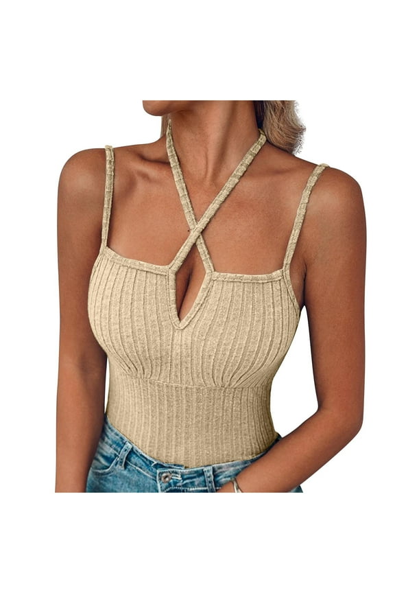 Criss Cross Halter Neck Tops for Women Spaghetti Strap Summer Trip Going out Tops Backless Vocation Cami Tank