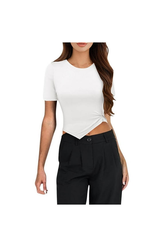 Crop Shirts for Women Summer Short Sleeve Tops Party Irregular Hem Tee Blouses Round Neck Tight Solid Twist Front T-Shirt